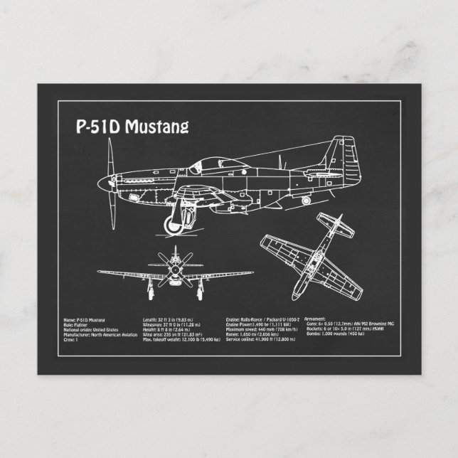 Cartão Postal P-51D Mustang - Avião Blueprint PD (Frente)