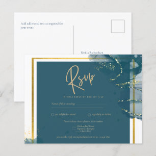 Cartão Postal Pacock Blue Dourado Álcool INK Casamento Chic RSVP