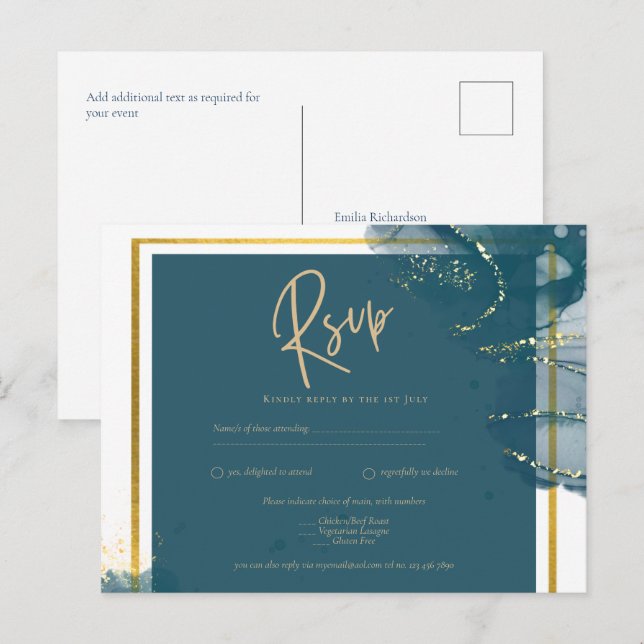 Cartão Postal Pacock Blue Dourado Álcool INK Casamento Chic RSVP (Frente/Verso)