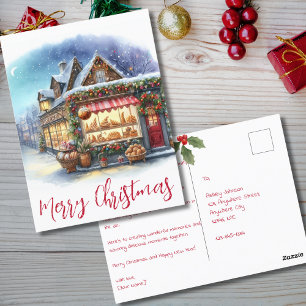 Cartão Postal Padaria Watercolor de Natal à Noite