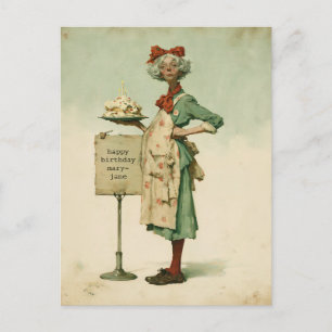 Cartão Postal Padeira Vintage com Bolo de Aniversário