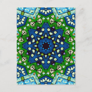 Cartão Postal Padrão Azul Verde-Mosaico Mandala Retro