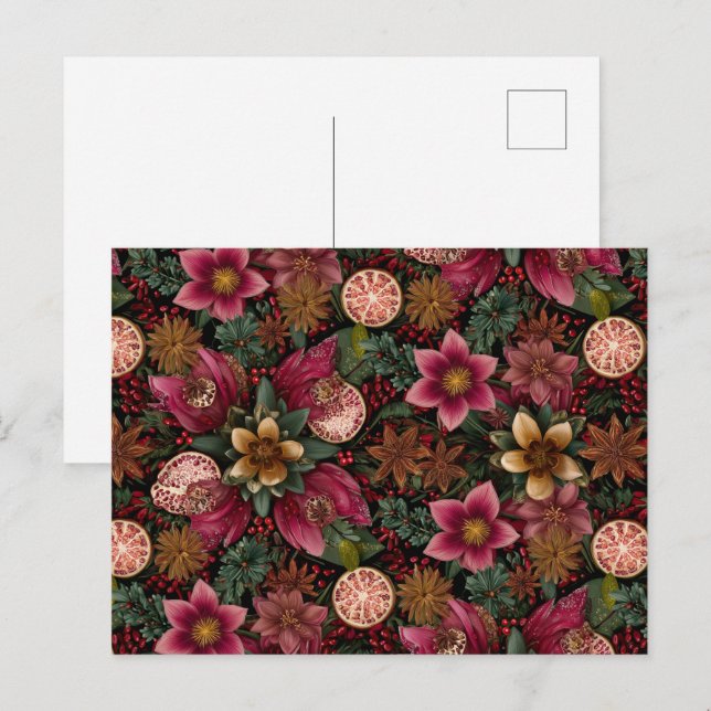 Cartão Postal Padrão Botânico de Temperos de Natal e Floral (Frente/Verso)
