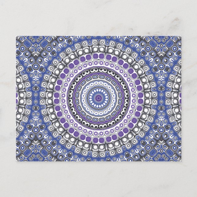 Cartão Postal Padrão Circular Geométrico Mandala Azul e Roxo (Frente)