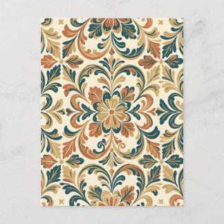 Cartão Postal Padrão Damásco Floral Folk Laranja Teal