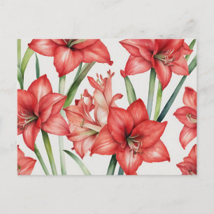 Cartão Postal Padrão de aquarela de amarílis vibrante em vermelh