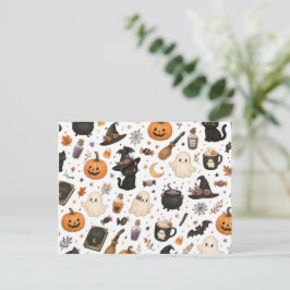 Cartão Postal Padrão de aquarela de Halloween fofo com gatos pre