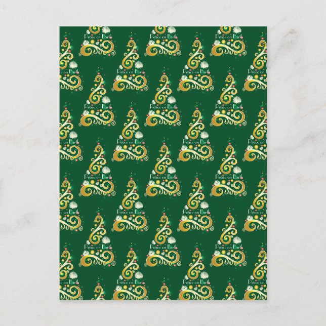 Cartão Postal Padrão de árvore de Natal abstrato verde e dourado (Frente)