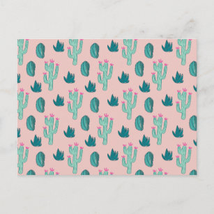 Cartão Postal Padrão de Cactus Rosa e Verde
