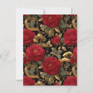 Cartão Postal Padrão de Cobras Rosa vermelha e Ouro