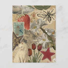 Cartão Postal Padrão de Colagem Floral de Gato – Design Artístic
