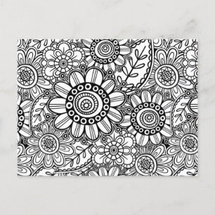 Cartão Postal Padrão de Desenho de Linha Floral de Arte Folclóri