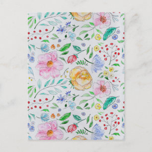 Cartão Postal Padrão de Flores e Botões em Aquarela Leve e Bonit