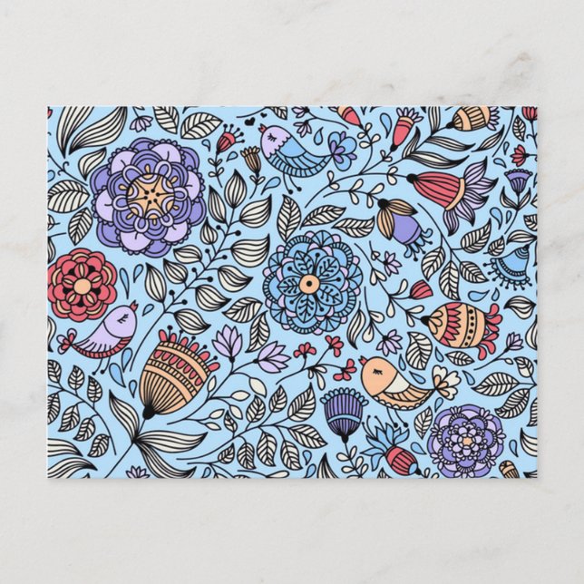 Cartão Postal Padrão de flores e passaros (Frente)