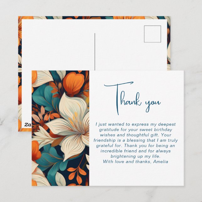 Cartão Postal Padrão de Folhagem de Flor Elegante Obrigado (Frente/Verso)