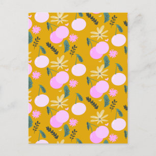 Cartão Postal Padrão de folhagens florais de cerejeira amarelo r