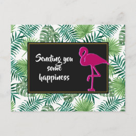 Cartão Postal Padrão de Folhas Tropicais e Flamingo Rosa