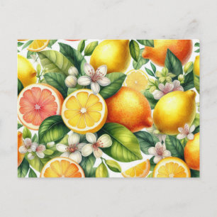 Cartão Postal Padrão de Frutas Cítricas em Aquarela