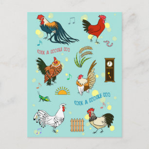 Cartão Postal Padrão de galos perfeitos e fofos desenho animado