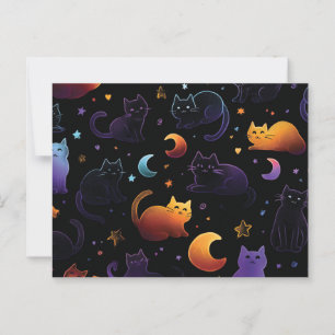 Cartão Postal Padrão de Gato Celestial Mágico com Luas