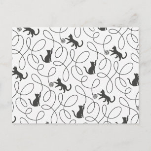 Cartão Postal Padrão de Gato Preto Divertido e Bola de Lã