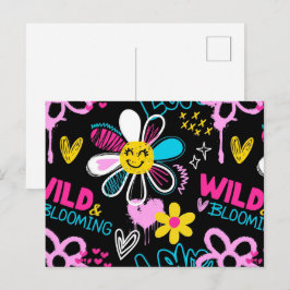 Cartão Postal Padrão de Grafite de Flor Sorridente da Moda