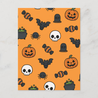Cartão Postal Padrão de Halloween Fofo Laranja Abóbora Assustado