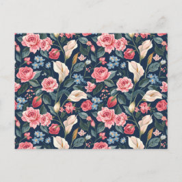 Cartão Postal Padrão de Jardim Floral Azul Naval Romântico