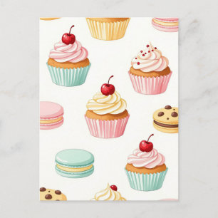 Cartão Postal Padrão de Macaron de Cupcake Doce