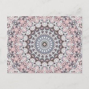 Cartão Postal Padrão de Mandala Rosa Cinza e Branco