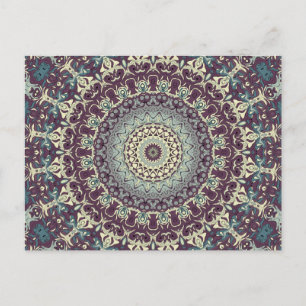Cartão Postal Padrão de Mandala Roxo Turquesa e Creme