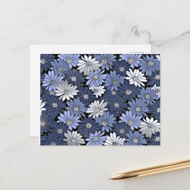 Cartão Postal Padrão de margarida azul e branco (Frente/Verso In Situ)