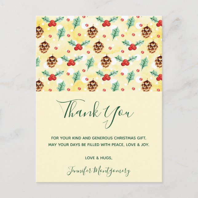 Cartão Postal Padrão de Natal de Pinhas e Azevinho (Frente)