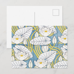 Cartão Postal Padrão de Nenúfar Art Nouveau em Verde Salvia