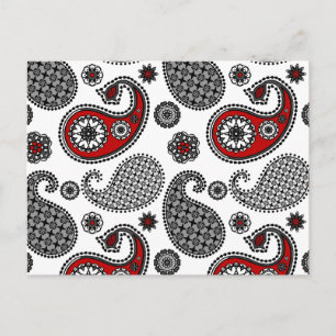 Cartão Postal Padrão de Paisley, Preto, Branco e Vermelho