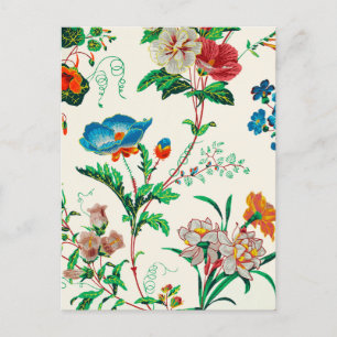 Cartão Postal Padrão de pintura vintage de flores azuis e vermel
