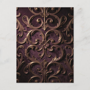 Cartão Postal Padrão de Rolo Barroco Ornamentado Roxo Fundo Dour