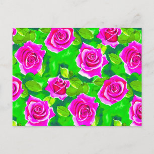 Cartão Postal Padrão de Rosa em Cor-de-Rosa Fúcsia em Aquarela