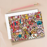 Cartão Postal Padrão de Tosse Desenhada na Mão do personagem de<br><div class="desc">Cartão-Postal De personagem de desenho animado Desenhado Da Mão. Padrão colorido com diferentes personagens divertidos e divertidos desenhados à mão. Excelente para crianças.</div>