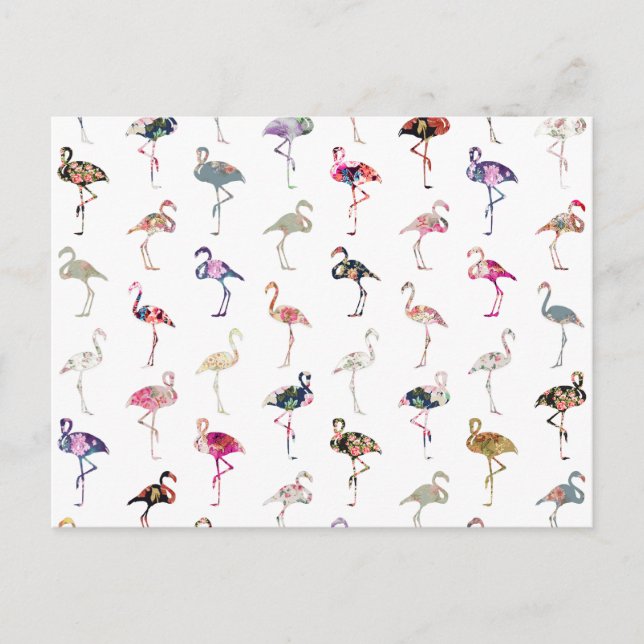 Cartão Postal Padrão Flamingos Retro Floral Girly Whimsical (Frente)