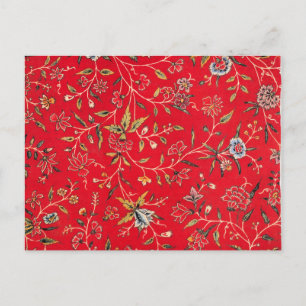 Cartão Postal Padrão Floral Alegre em Vermelho Brilhante,