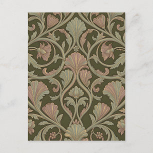 Cartão Postal Padrão Floral Art Nouveau Verde Escuro Rosa Vintag