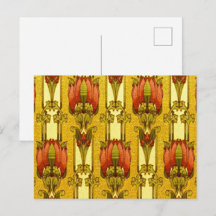 Cartão Postal Padrão Floral Art Nouveau Vintage de Tulipa Vermel