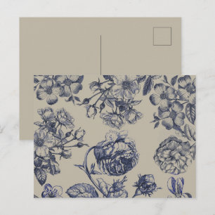 Cartão Postal Padrão Floral Botânico Toile Azul Vintage
