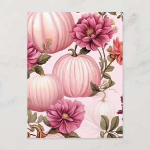 Cartão Postal Padrão Floral de Abóbora Cor de Água Rosa