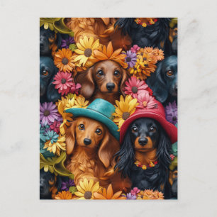 Cartão Postal Padrão Floral de Dachshund Sem Costura - Amantes d