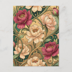 Cartão Postal Padrão Floral de Peônia Magenta com Redemoinhos Do