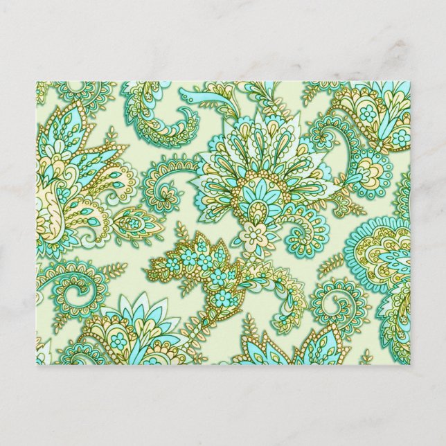 Cartão Postal Padrão Floral Dourado de Paisley de Aqua Cute (Frente)