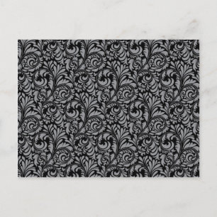 Cartão Postal Padrão Floral Elegante Black and Silver Damask