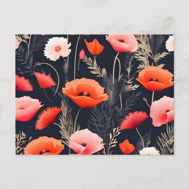Cartão Postal Padrão Floral Escuro com Poppies (Frente)
